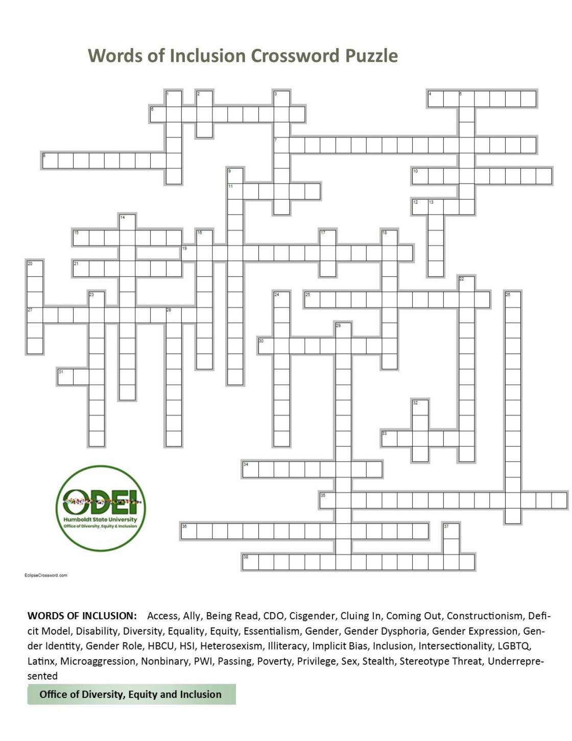 Words of Inclusion Crossword Puzzle Spring 2019 Office of Diversity